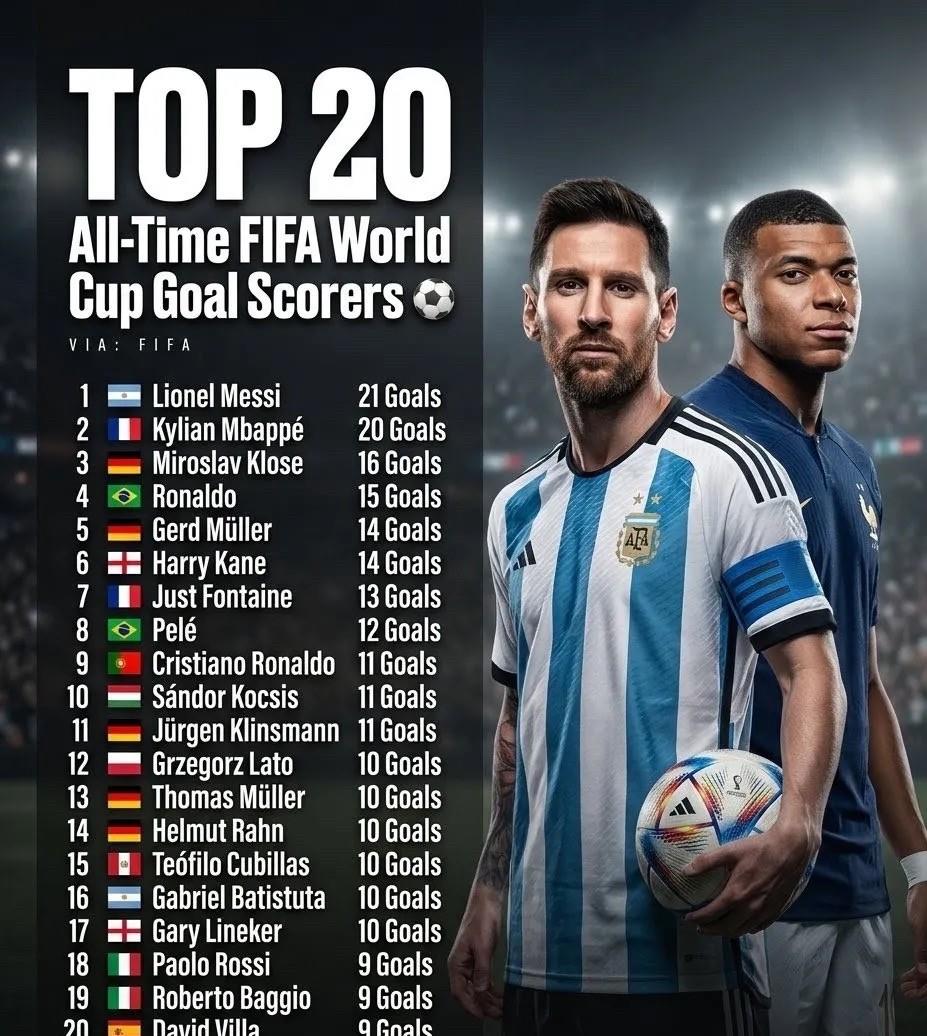 世界杯历史最佳射手榜前20名：
1. 🇦🇷 梅西 - 21球
2. 🇫🇷