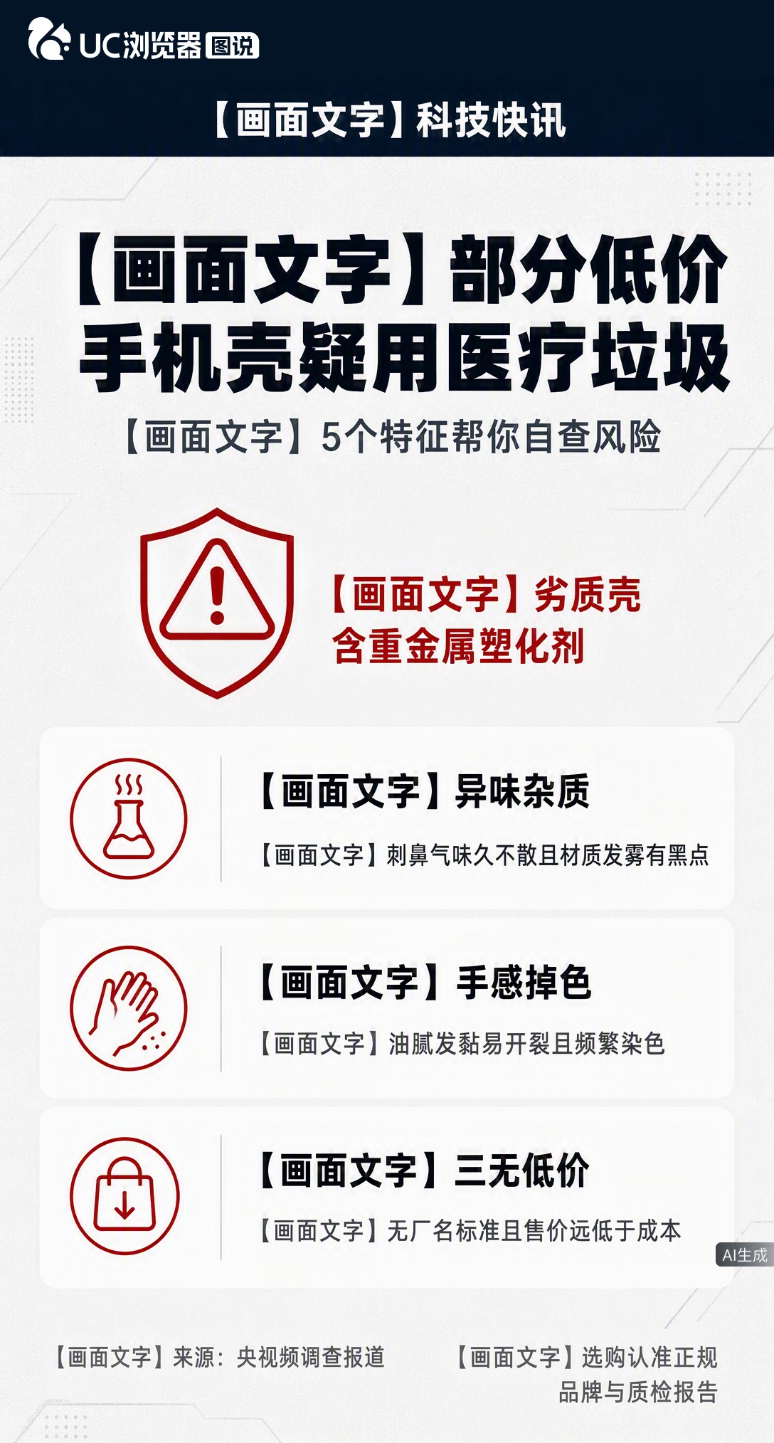 部分低价手机壳疑用医疗垃圾？浙江抽检10元以下产品合格率不足5%，铅含量最高超标1550倍。刺鼻味、掉色、发黏都是危险信号，别光图便宜把隐患握在手里。