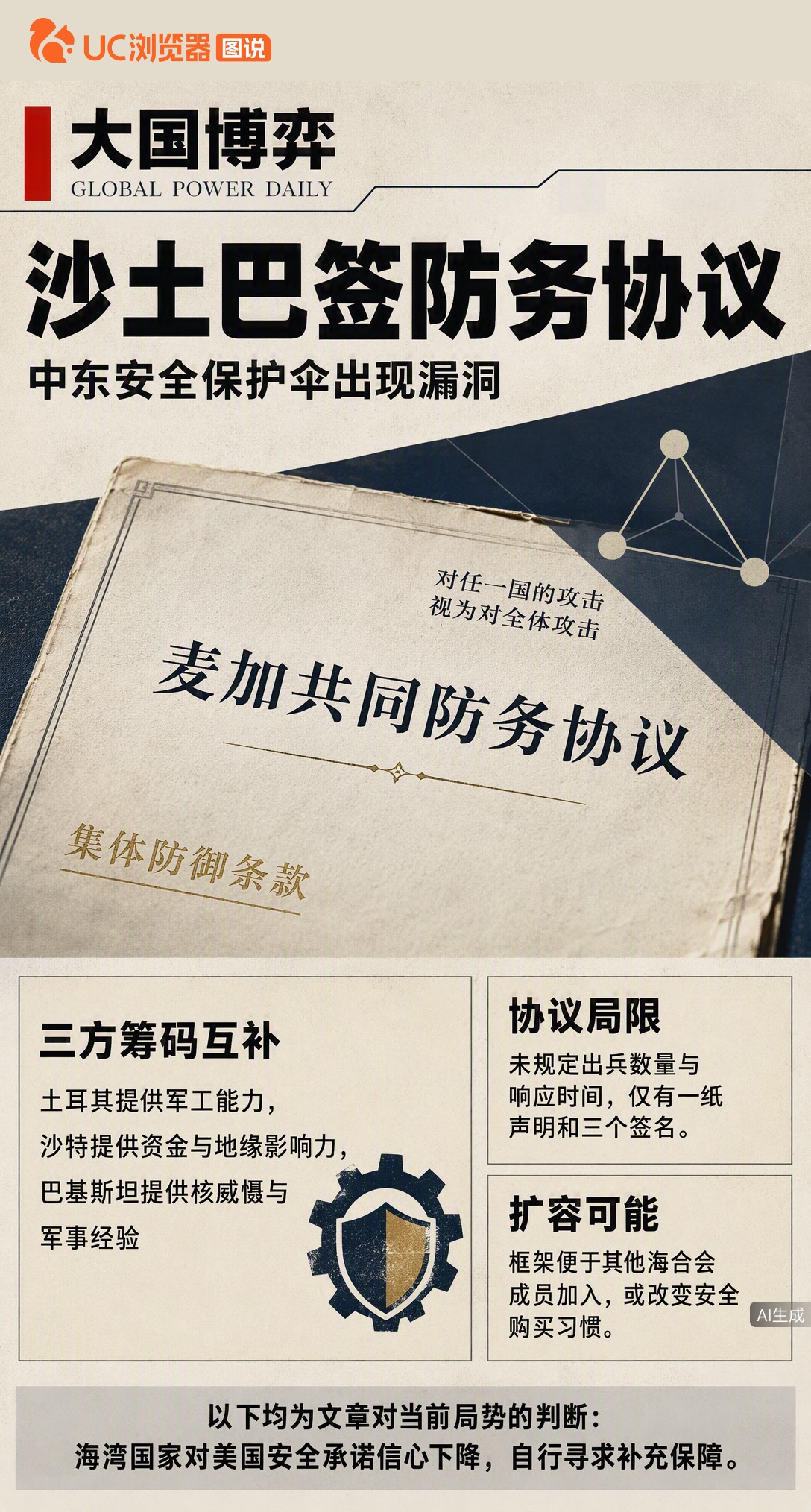 沙特土耳其巴基斯坦签防务协议，承诺互保却未定出兵细节。这并非中东版北约落地，而是美国安全伞漏风后，三国凑出的互补型备选方案。