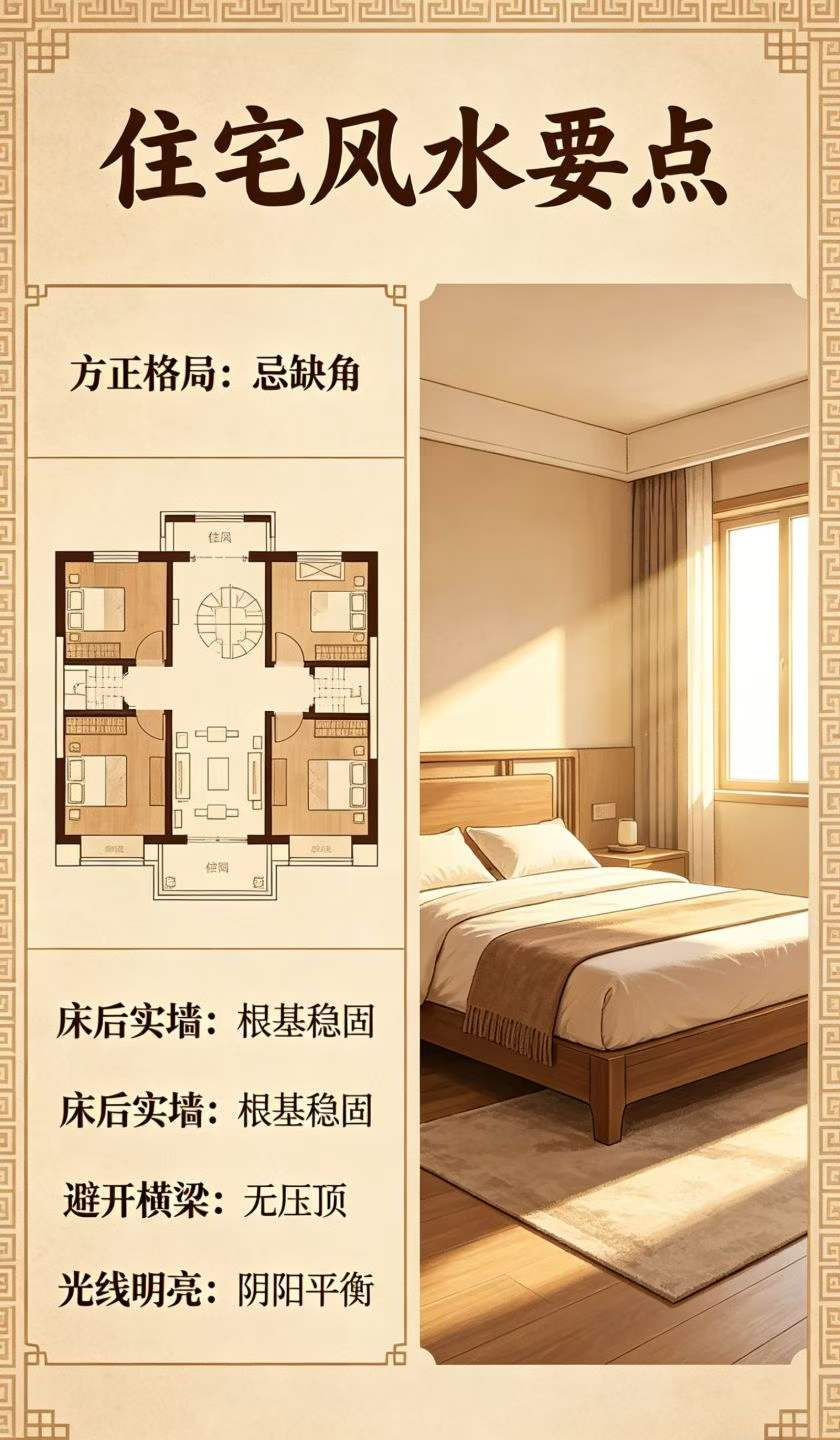 住宅宜方正、忌缺角，卧室床后需有实墙为靠，寓意根基稳固、贵人相助。避开横梁压顶、