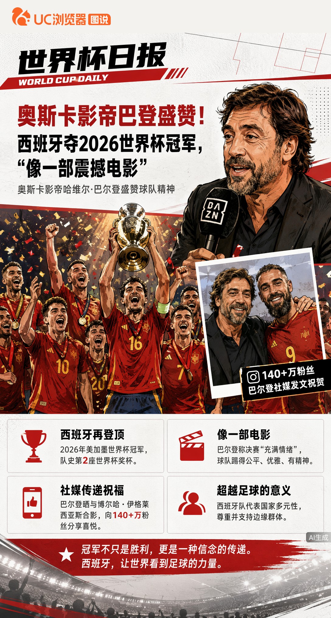 奥斯卡影帝巴登盛赞！西班牙夺2026世界杯冠军，"像一部震撼电影