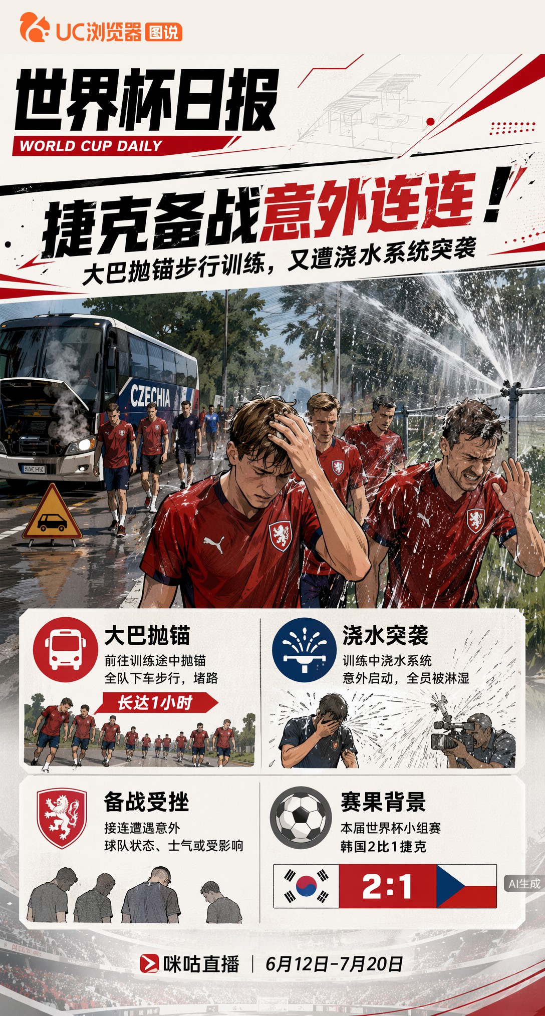 大巴抛锚下车步行、训练遭浇水系统突袭——捷克备战意外连连