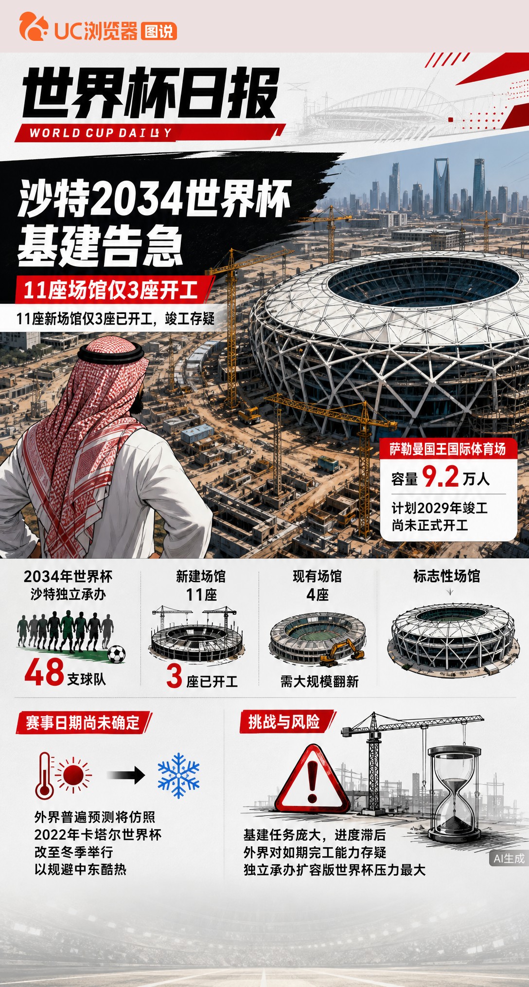 11座场馆仅3座开工！沙特2034世界杯基建告急，独立承办压力最大