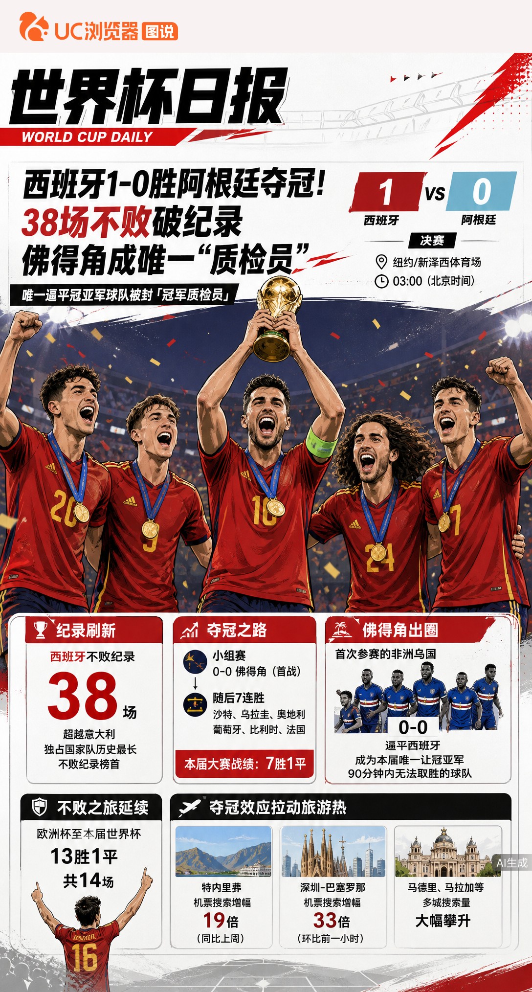 西班牙1-0胜阿根廷夺冠！38场不败破纪录，佛得角成唯一"质检员"