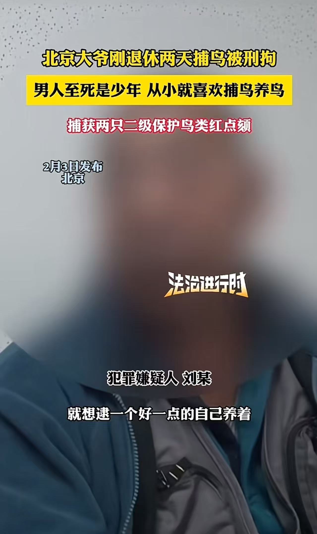 “吃了没文化的亏！”北京，大爷刚退休两天捕鸟被刑拘！原来，大爷捕获两只耳机保护鸟