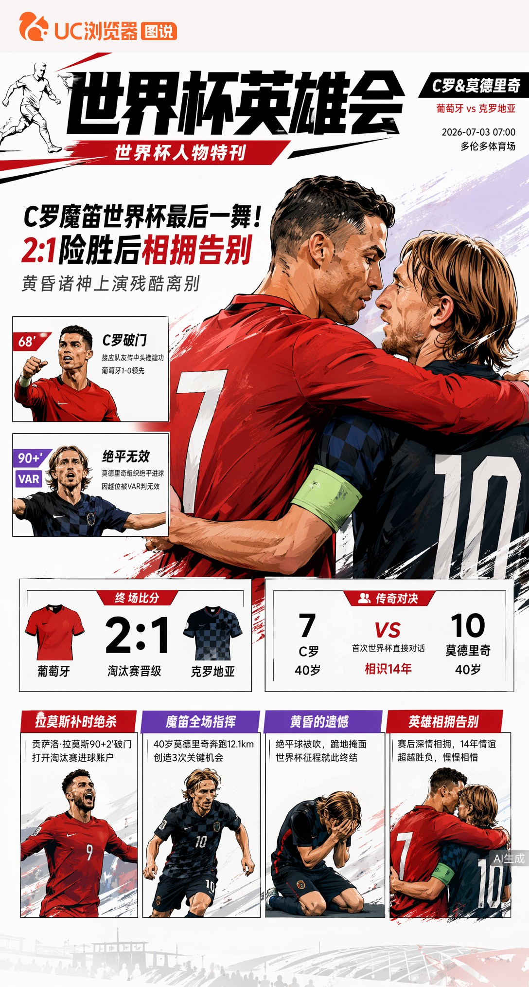 C罗魔笛世界杯最后一舞！2:1险胜后相拥告别