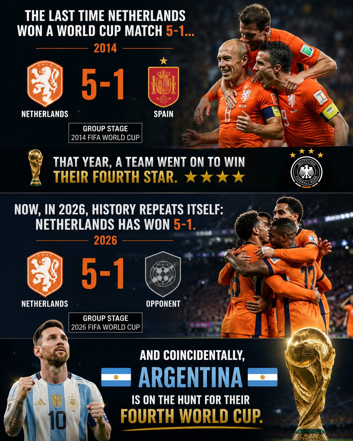 🇳🇱上次荷兰队5-1赢得世界杯，一支球队最终获得了他们的第四颗星。⭐⭐⭐⭐