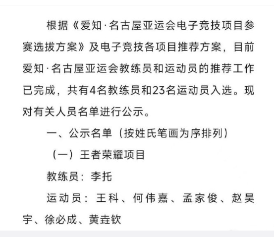 王者荣耀亚运会名单公示

王者荣耀项目
教练员：李托
运动员：王科 、何伟嘉、孟