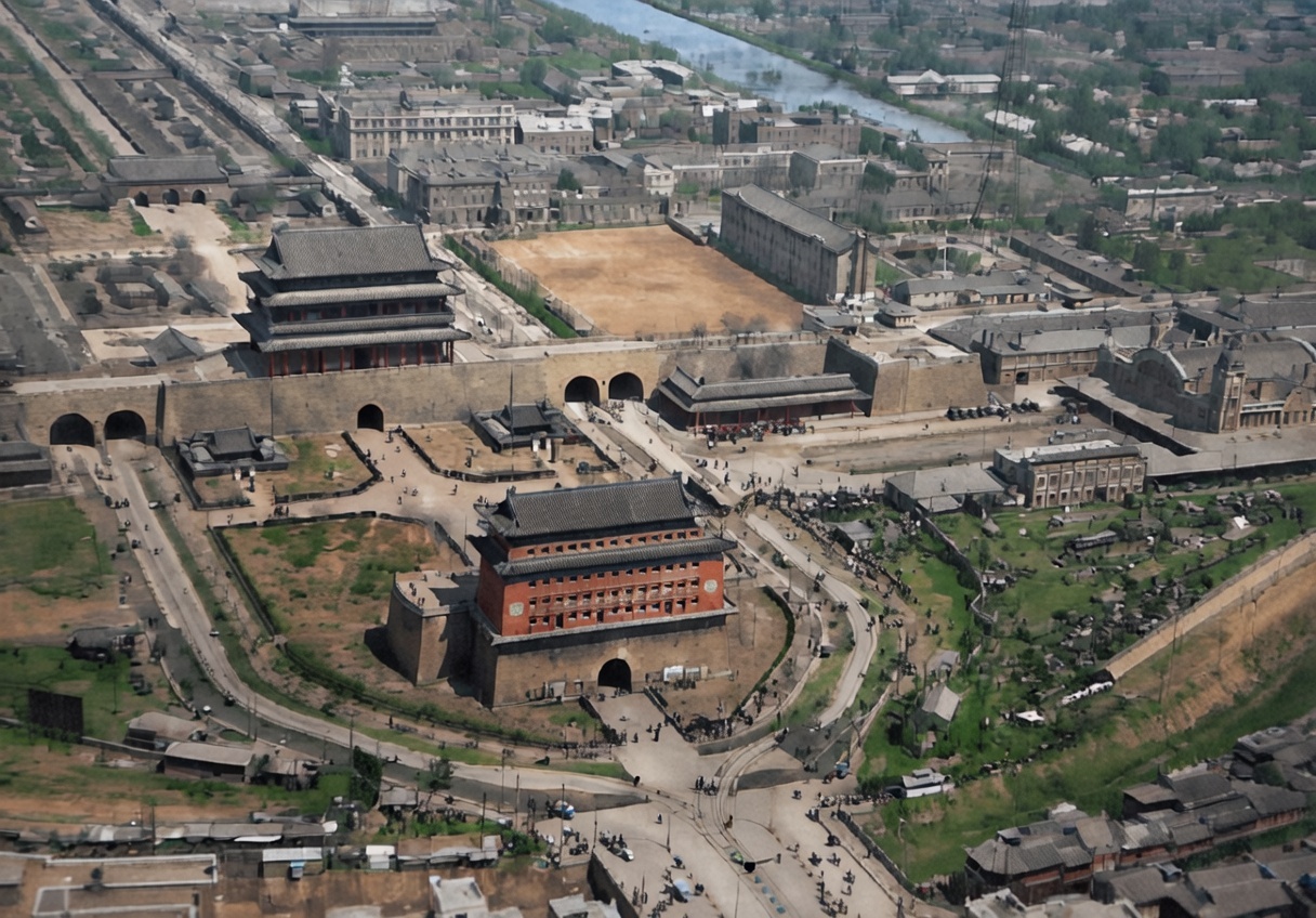 1934年，北京正阳门（前门）一带航拍的城市风貌照片。1915年，北洋政府为了改