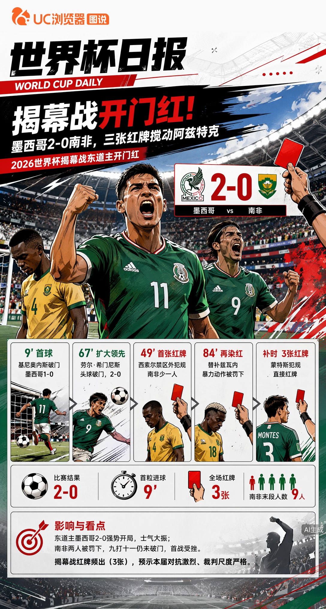 揭幕战开门红！墨西哥2-0南非，三张红牌搅动阿兹特克
