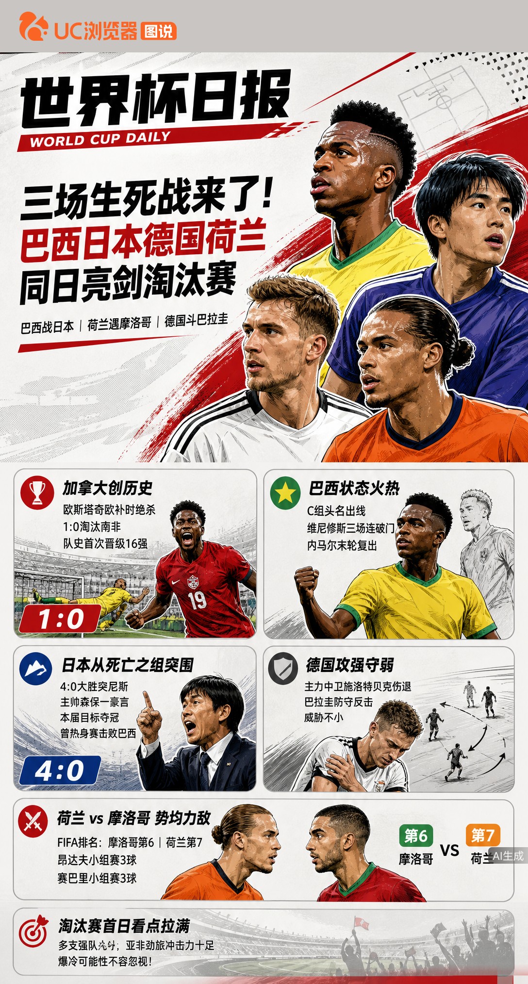 三场生死战来了！巴西日本德国荷兰同日亮剑淘汰赛