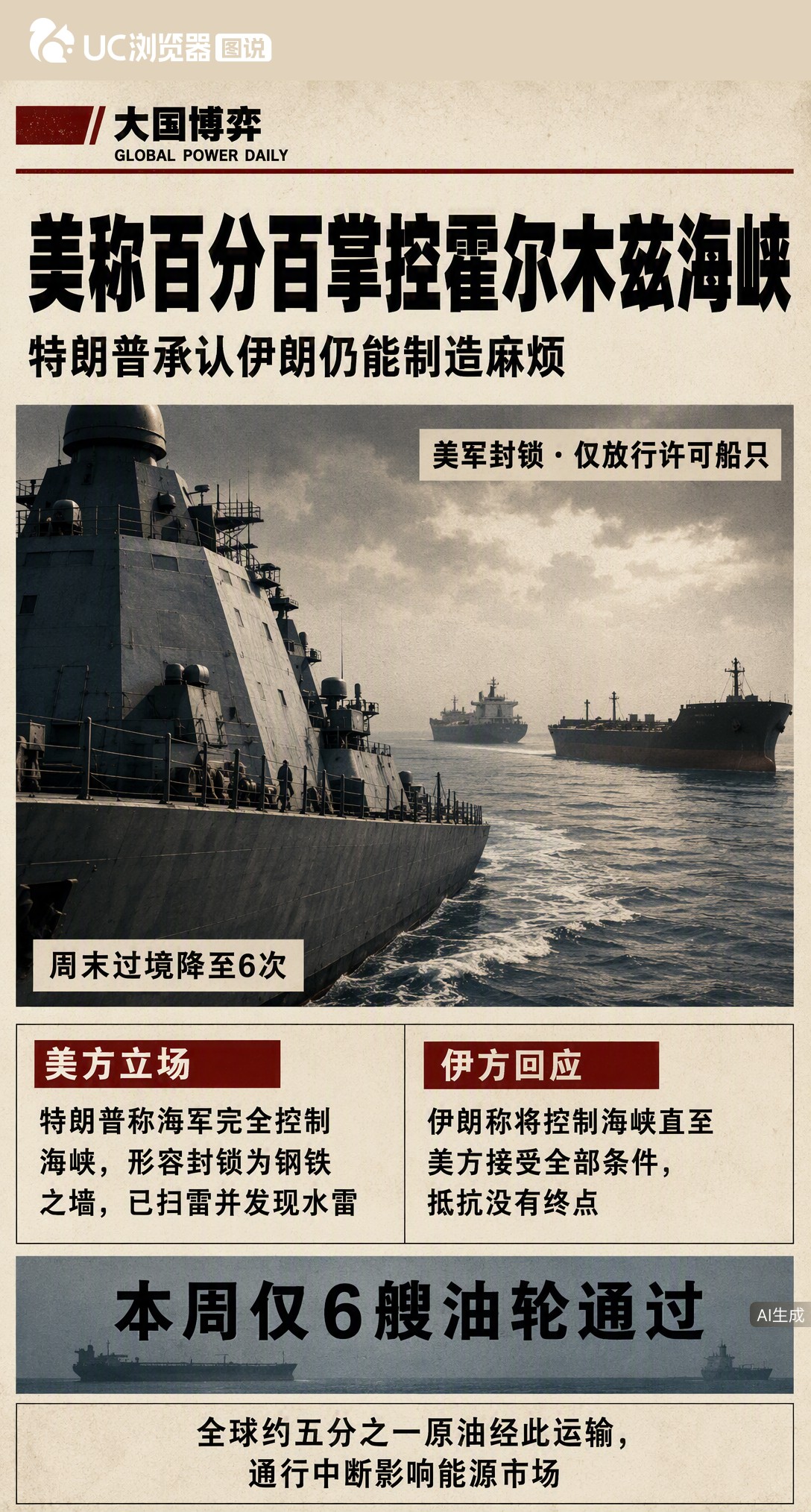 特朗普称美国100%掌控霍尔木兹海峡，但伊朗仍能制造麻烦。可航运数据显示，周末过境船只骤降至6次，全球五分之一原油运输受阻，这道钢铁之墙真万无一失？