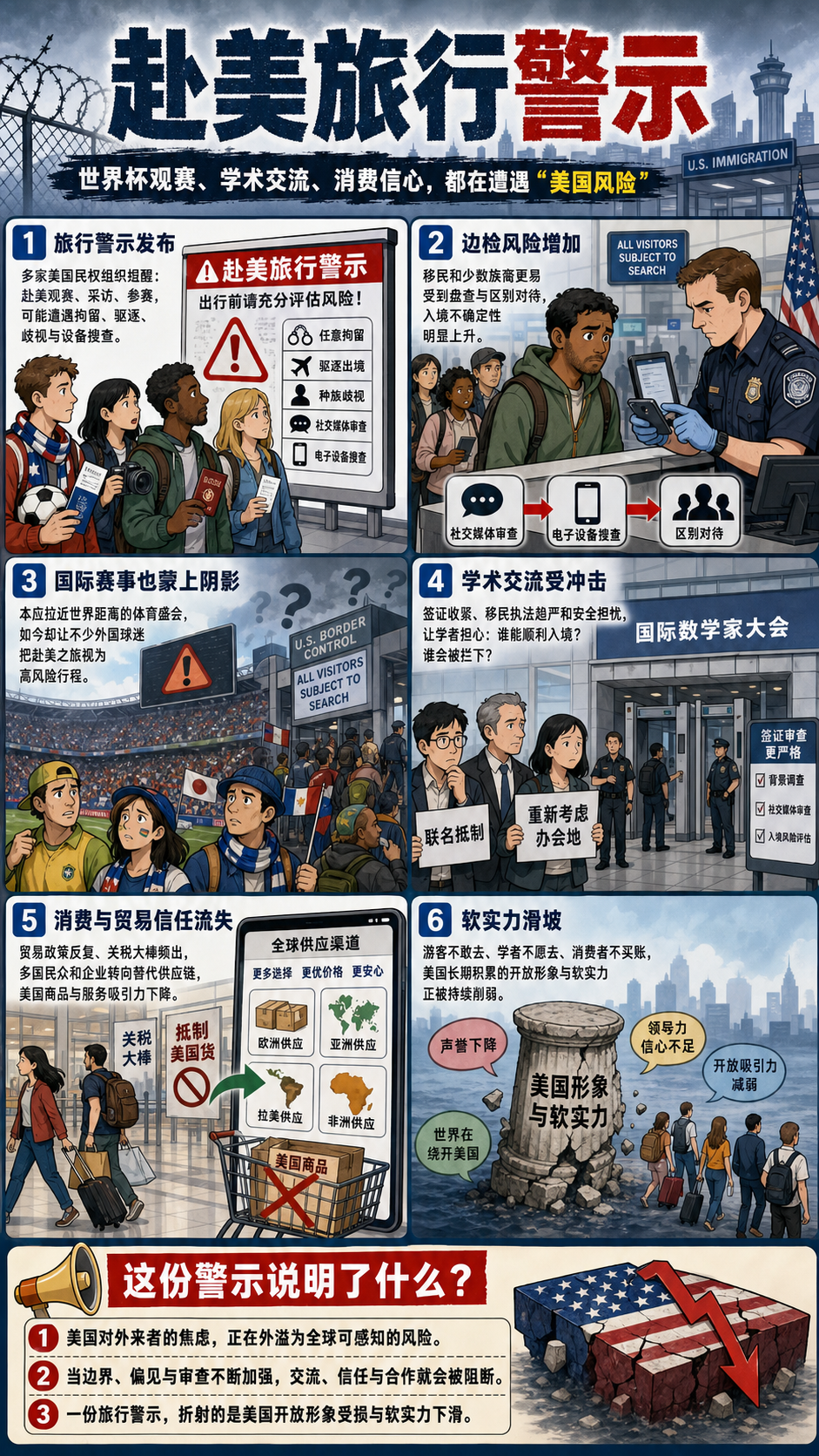 一图读懂：美加墨世界杯将至，数十个美国民权组织联合发布“赴美旅行警示”，说明了啥