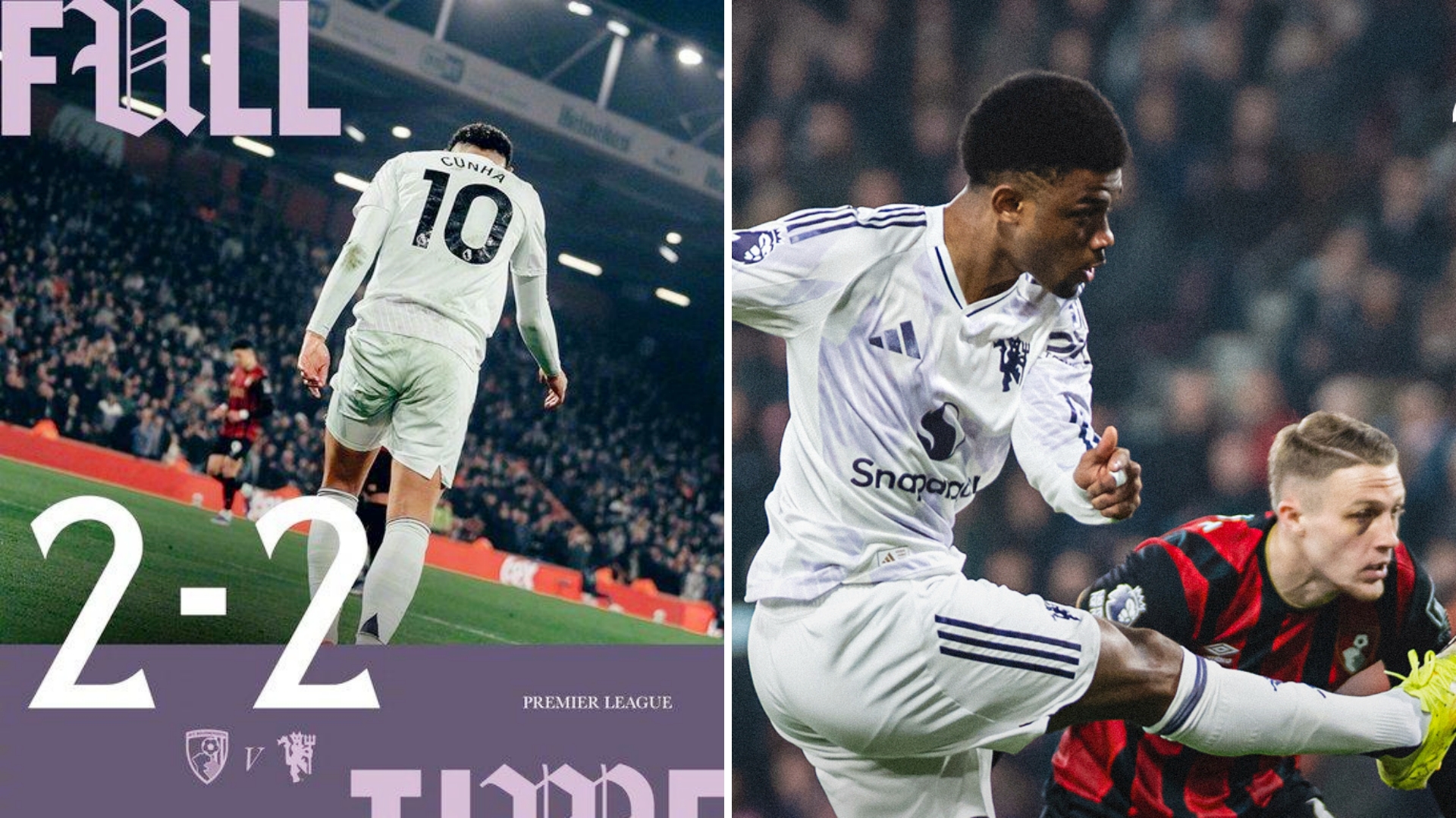 英超：十人曼联客场2-2战平伯恩茅斯，比赛中出现争议判罚。
阿玛德倒地未获点引争