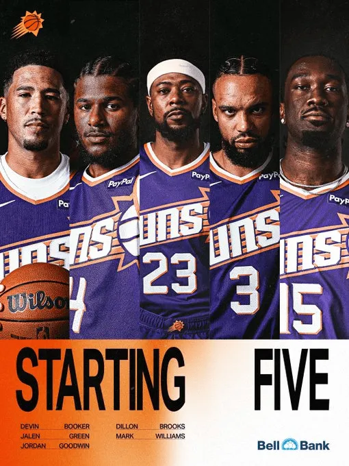 今日NBA附加赛，太阳主场对阵开拓者。

赛前，太阳官方公布了本场比赛的首发阵容