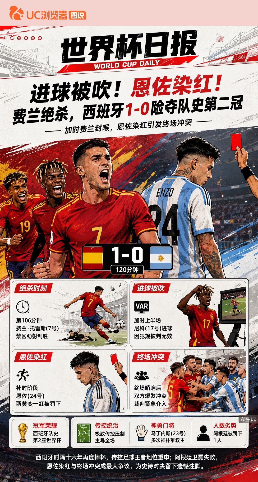 进球被吹！恩佐染红！费兰绝杀，西班牙1-0险夺队史第二冠