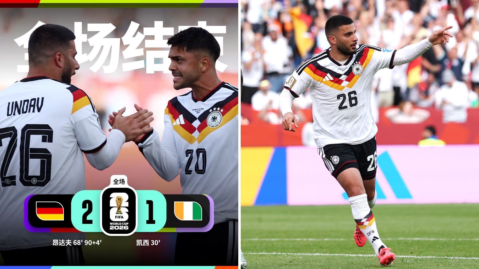 世界杯：德国2-1绝杀科特迪瓦，提前出线。
凯西首开记录，翁达夫替补双响+绝杀。