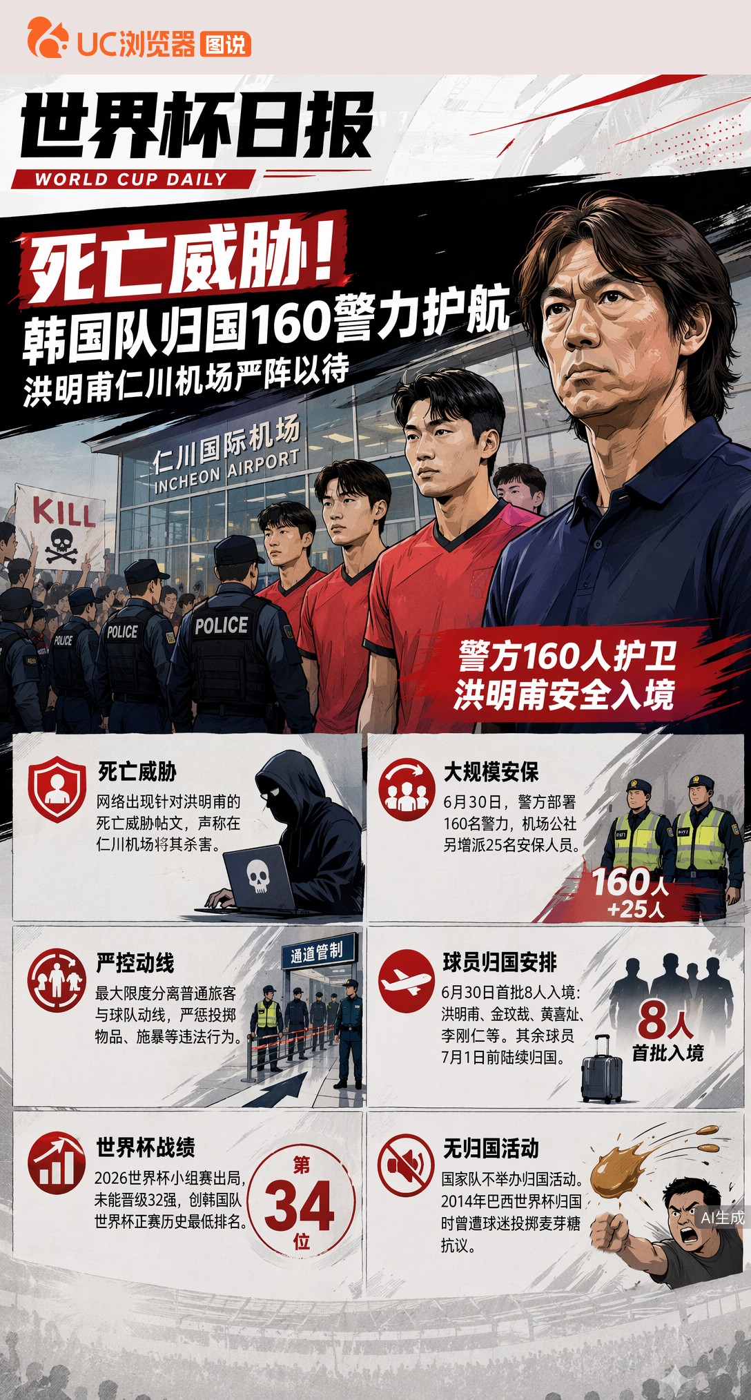 死亡威胁！韩国队归国160警力护航，洪明甫仁川机场严阵以待
