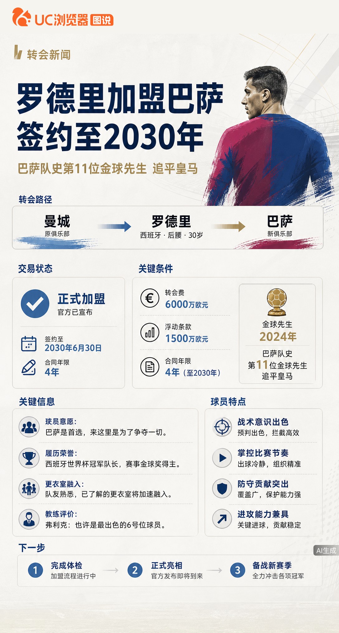 巴萨官宣签下金球先生罗德里，签约至2030年。这位世界杯冠军队长坦言巴萨是首选，队史金球先生由此追平皇马。更衣室里还有8位国家队队友，融入不愁，只担心被开玩笑。