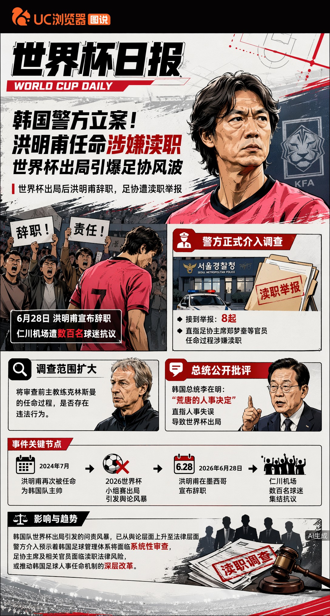 韩国警方立案！洪明甫任命涉嫌渎职，世界杯出局引爆足协风波