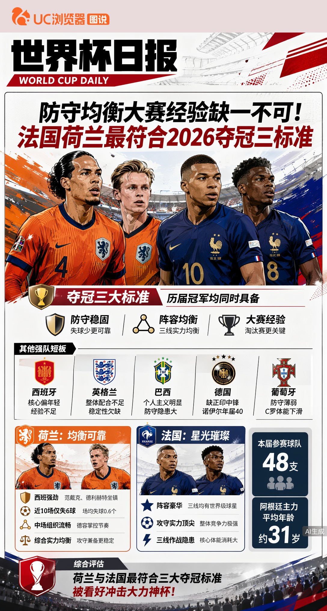 防守均衡大赛经验缺一不可！法国荷兰最符合2026夺冠三标准