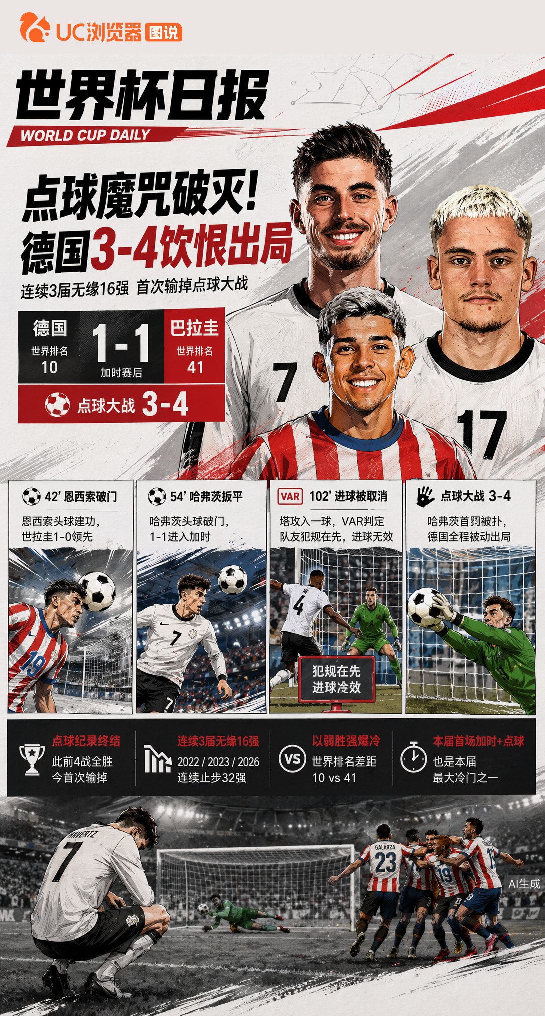 首次输掉世界杯点球大战！德国1-1巴拉圭后3-4饮恨，连续3届无缘16强