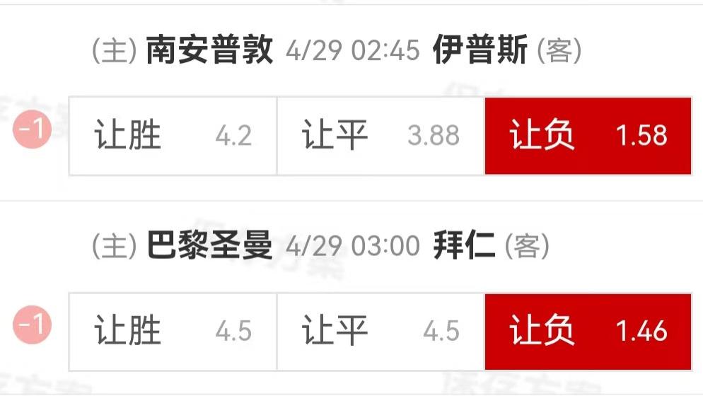 {一脚球}竞彩推荐：南安普顿VS伊普斯维奇+巴黎圣日耳曼VS拜仁慕尼黑