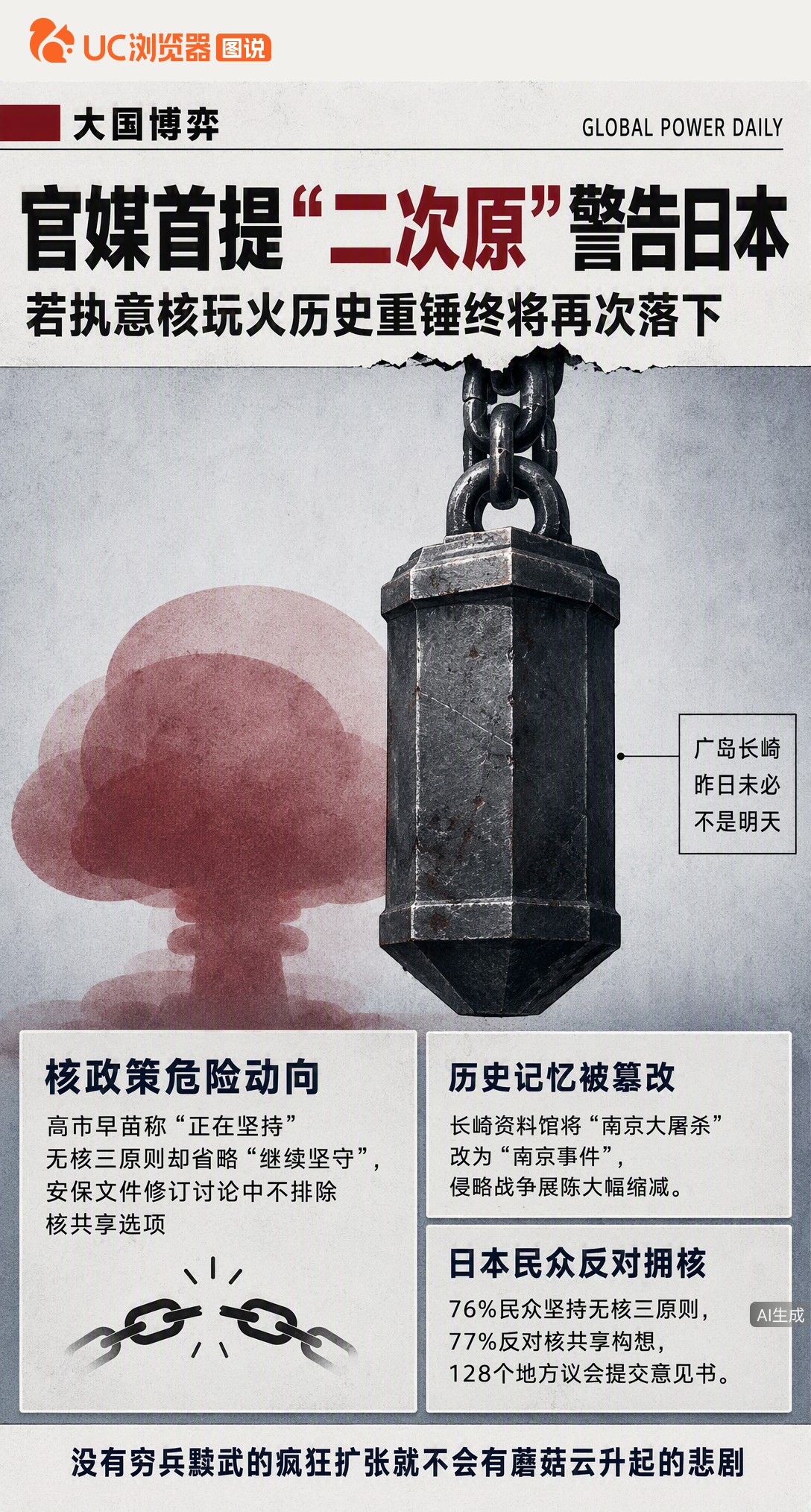 官媒钧正平首提“二次原”警告日本核试探。高市早苗致辞刻意省略“继续坚守”无核三原则，长崎资料馆还将“南京大屠杀”改为“南京事件”。一边模糊核禁忌一边篡改历史，76%民众反对核共享却挡不住右翼切香肠。