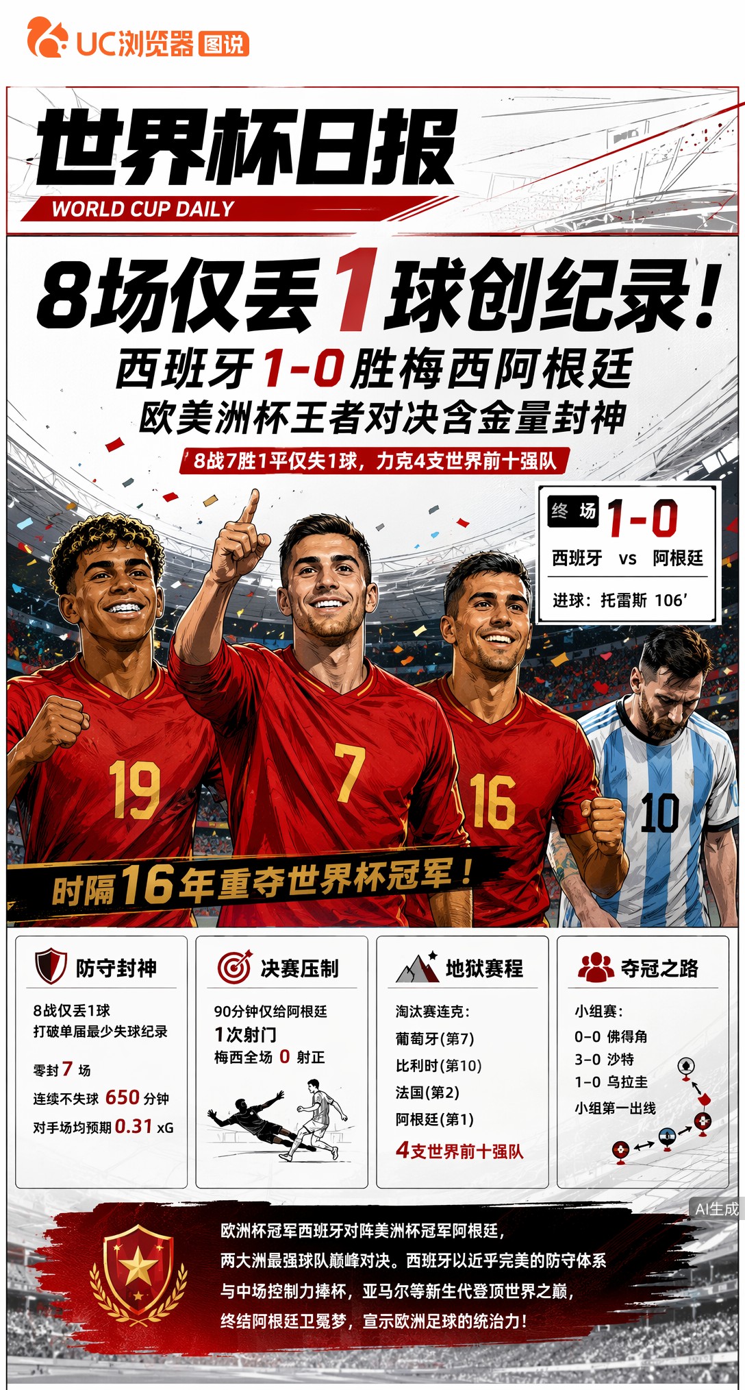 8场仅丢1球创纪录！西班牙1-0胜梅西阿根廷，欧美洲杯王者对决含金量封神