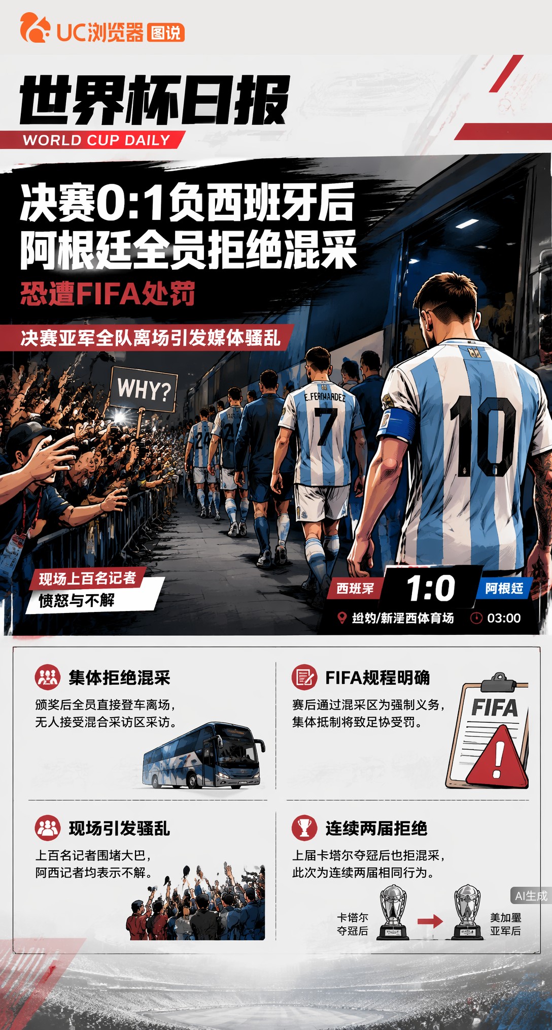 决赛0:1负西班牙后，阿根廷全员拒绝混采，恐遭FIFA处罚