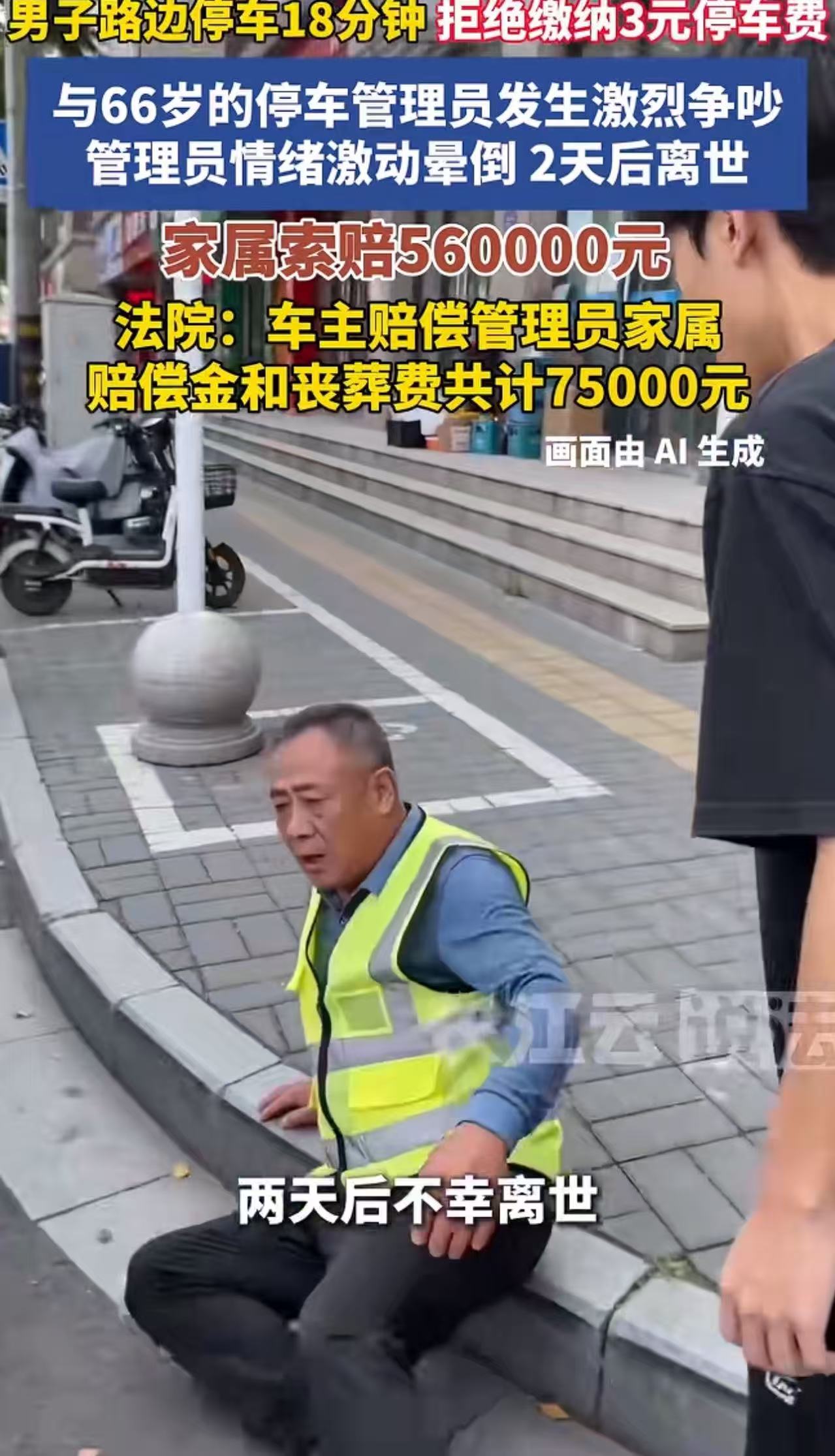 男子路边停车18分钟，拒绝缴纳3元停车费，与66岁停车管理员发生争吵，老人情绪激