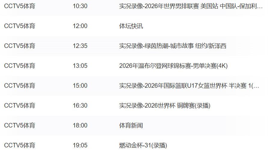 今日重要赛事！7月19日，CCTV5、CCTV5+直播节目表
