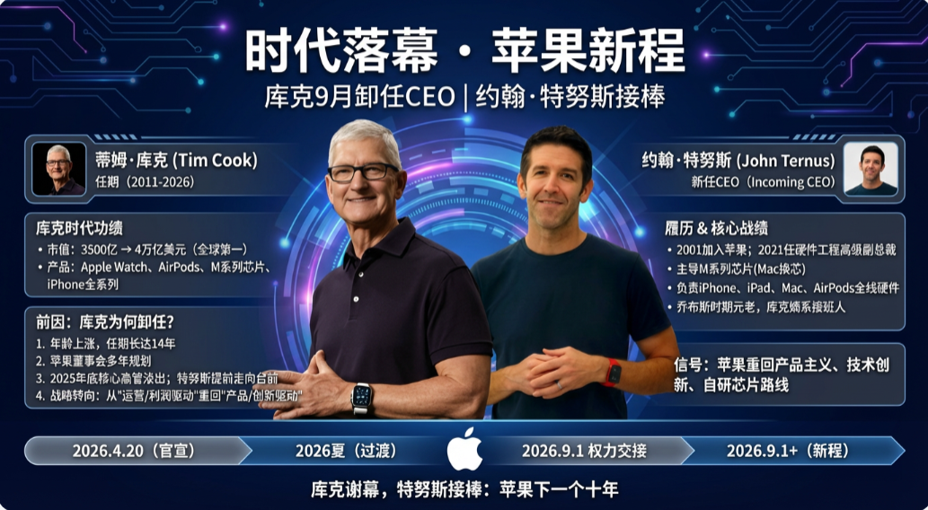 库克时代落幕，苹果迎来特努斯新十年

当苹果官方宣布2026年9月1日库克将卸任