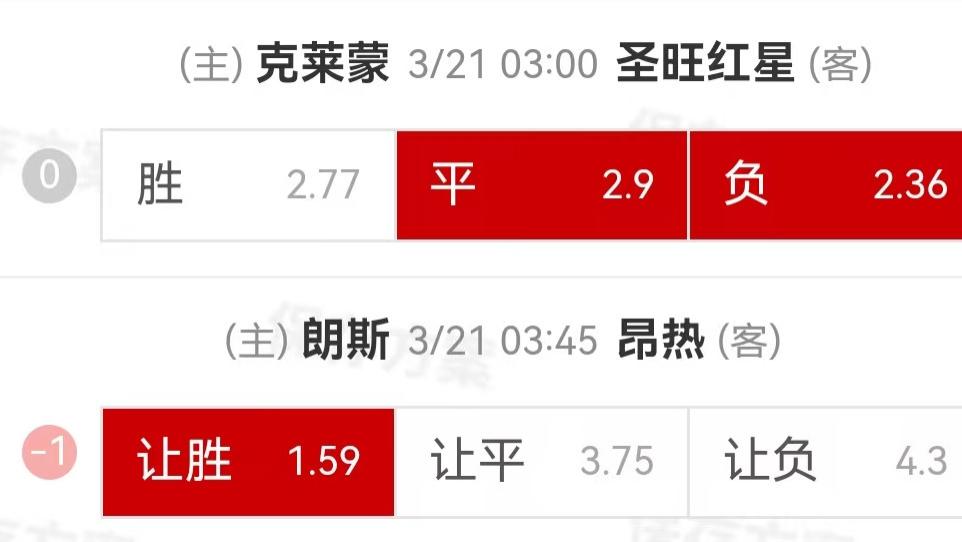 {一脚球}竞彩推荐：克莱蒙VS圣旺红星+朗斯VS昂热