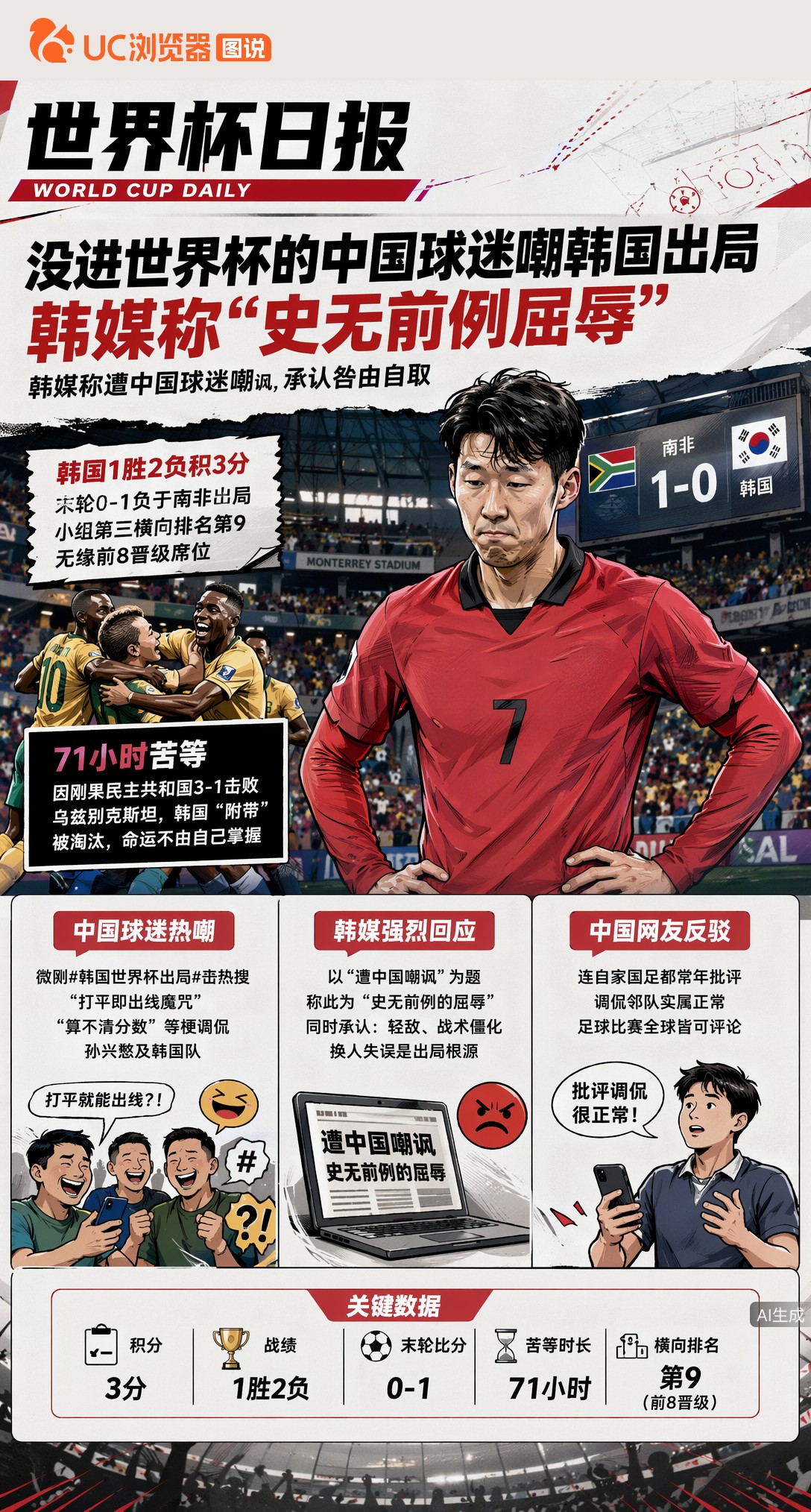 没进世界杯的中国球迷嘲韩国出局，韩媒称"史无前例屈辱"