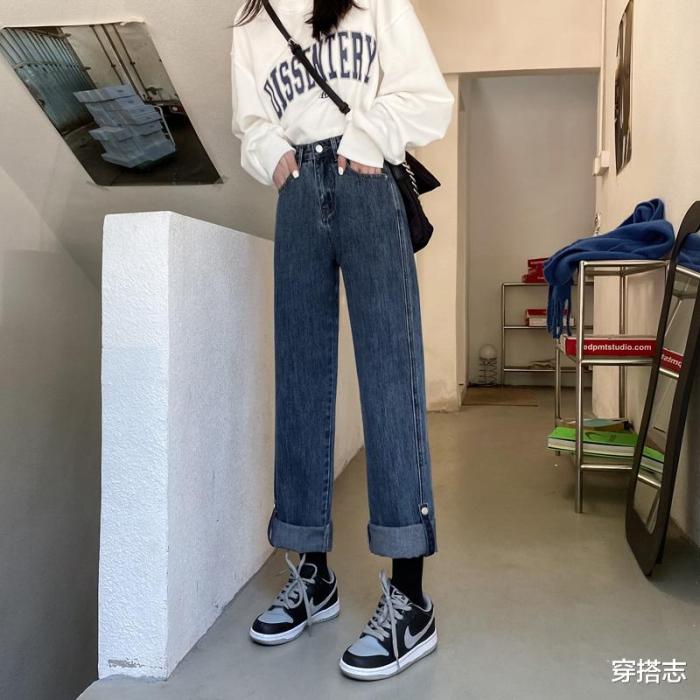 卷边直筒牛仔裤好看吗