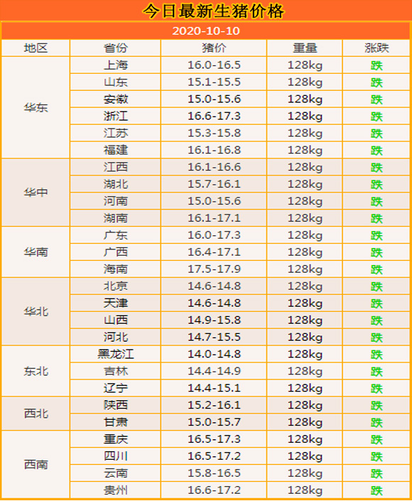 生猪价格|10月10日：崩溃！猪价继续全跌，养猪人心里“哇凉哇凉滴”