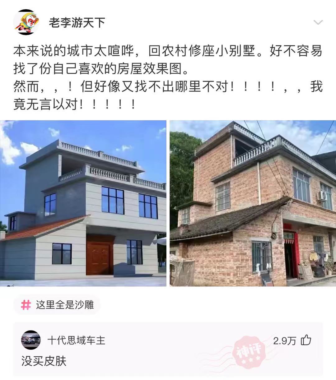 |神回复：按效果图回农村修座小别墅，建好后总觉得哪里不对，网友回复太有才