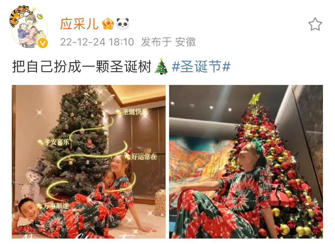 应采儿|应采儿晒母子三人合影，穿同款圣诞装画面温馨，hoho又被认成女儿