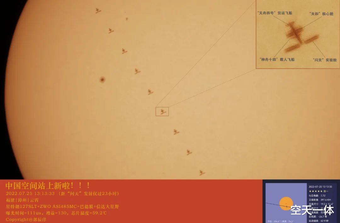 日本人拍到我国空间站，“土”字闪耀太空，问天实验舱太阳翼好大