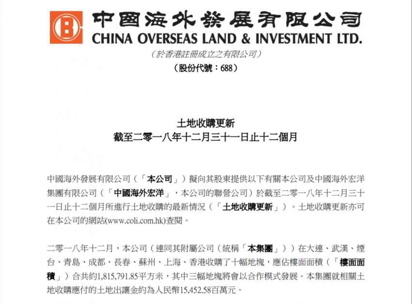 中海地产2018年土地出让金额近1101亿元 拿地63幅