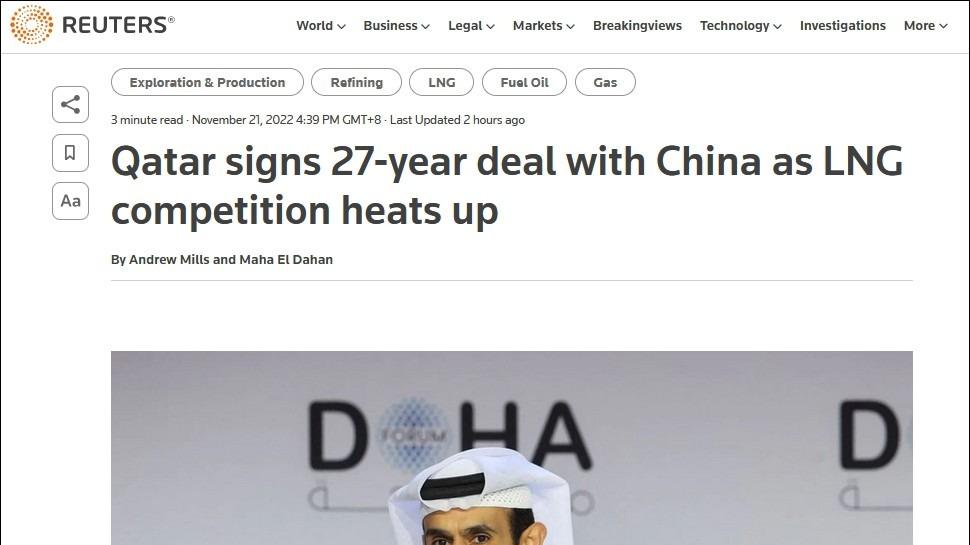 中国卡塔尔签署27年天然气供应协议，也是LNG交易历史上最长的协议