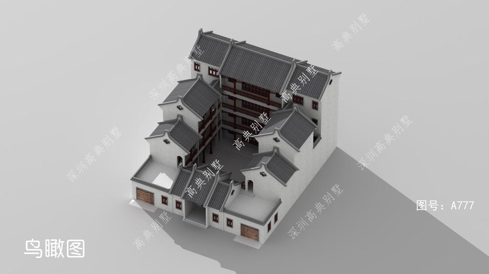 对称设计的三合院，双车库双露台，还原中式传统建筑