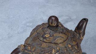 |臻品 手工柴窑 螭龙纹描金 紫砂壶