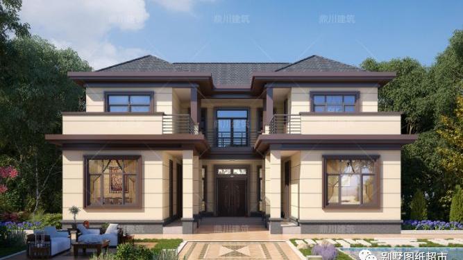 两层新中式别墅，13×14米，对称设计，2个露台，还带庭院设计