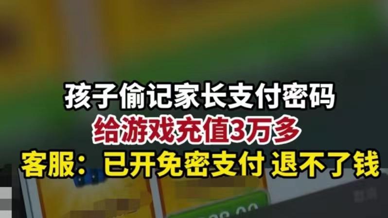 浙江杭州，孩子玩游戏充值3万余元，家长要求退款，游戏方称：免密支付不退