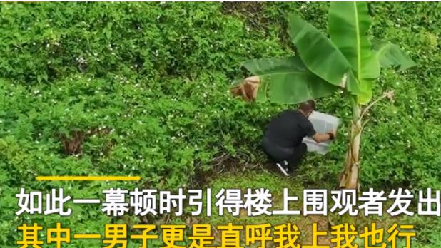 广东深圳，一男子在楼下闲逛时，发现旁边荒地里，有一坨棕色的东西