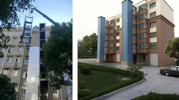 小区旧楼加装电梯，客户说用氟碳铝单板装饰电梯外立面很好！