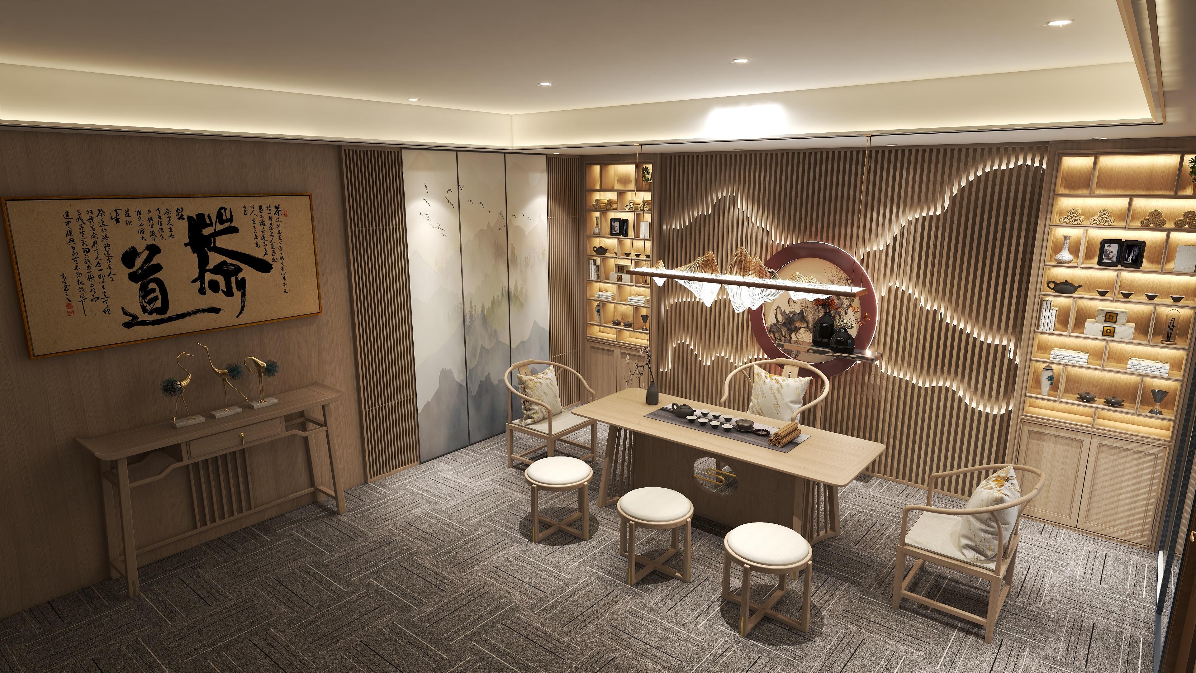 把中式艺术融入新中式茶室，坐拥山河湖景，笑谈云卷风舒