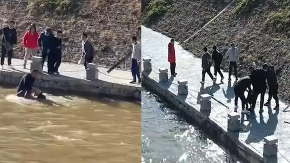 陕西，10岁女孩8岁男孩坠河被冲走五六十米，路人跳河紧急救援